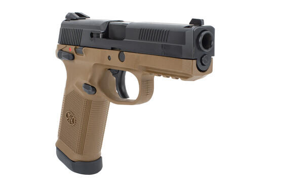 FN America 2-tone FNX-45 pistol with ambidextrous controls and night sights featuers an FDE frame